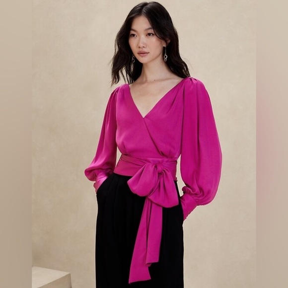NWT Banana Republic Fuschia Wrap Top V Neck Balloon Sleeves Size 16 - Picture 1 of 8